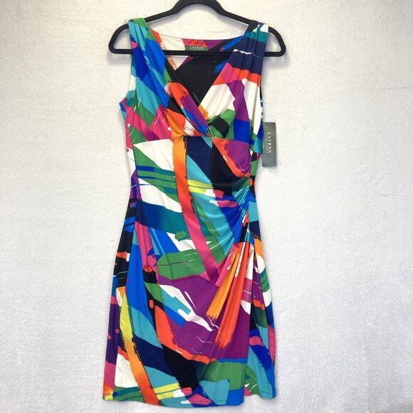 NWT Lauren Ralph Lauren Dress Womens 6 Ruched Multicolor Geometric Sleeveless - Picture 1 of 14